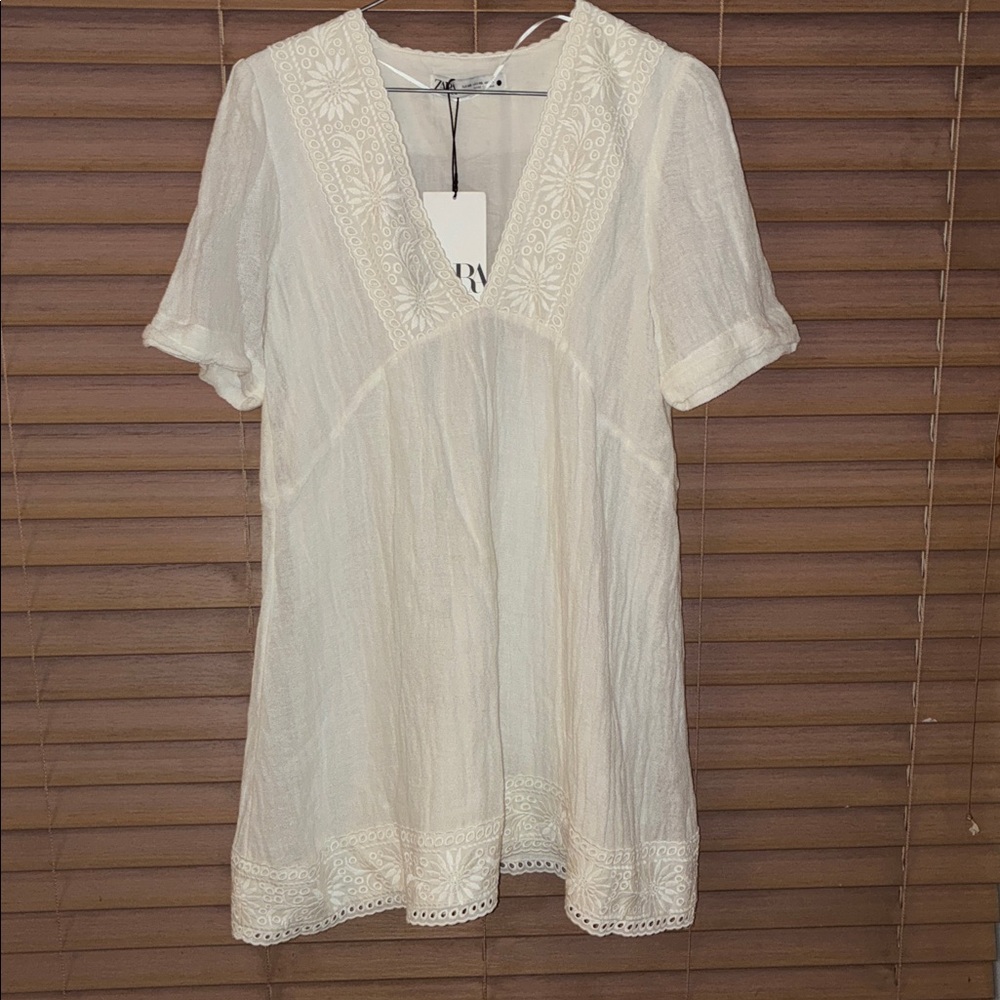 Zara White V-Neck Mini Dress